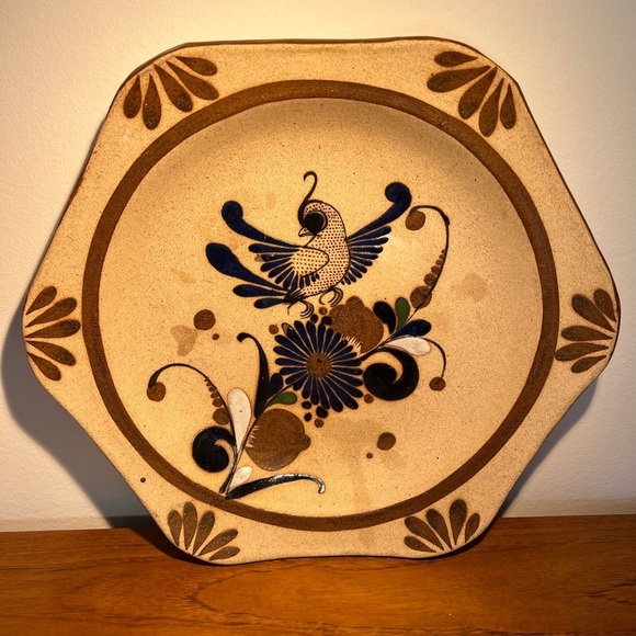 VINTAGE Tonala MEXICAN POTTERY Hexagon BIRD Toucan WALL PLATE BOWL Blue 10". - Picture 7 of 9